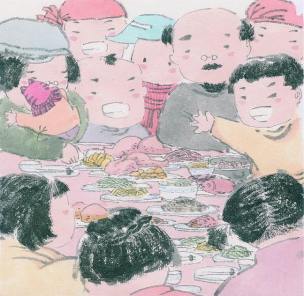 年夜饭。原创手绘图出自《国民过节手册》，上海博物馆（编），华东师范大学出版社2016年4月出版。